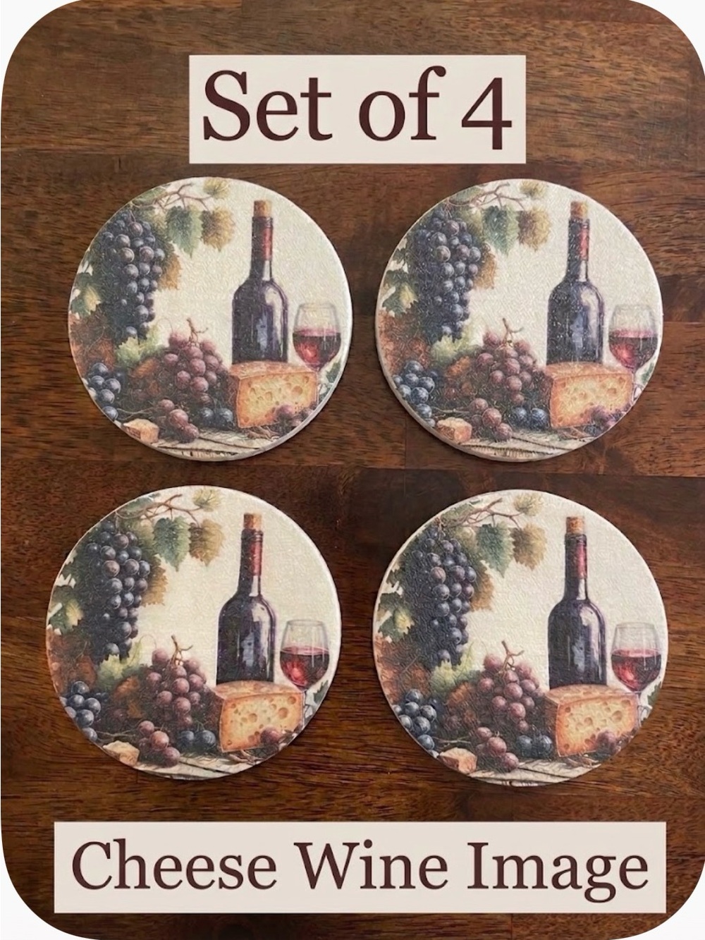 Handmade Cheese Wine Image Coasters, Set of 4